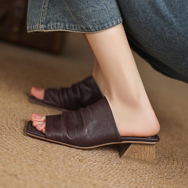 Fashion 2025 New Women Genuine Leather Thick High Heeled Sandals Elegant Outsoor Slippers Party Wedding Summer Shoes Woman Prom Pumps