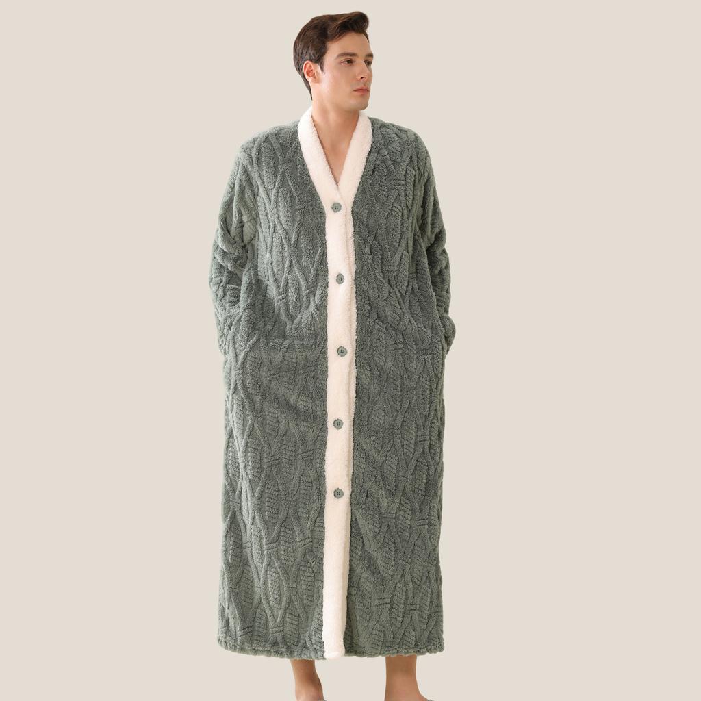 Men's Plush Bathrobe Button Up Long Housecoat Winter Warm SPA Fleece Duster Robe with Pocket Flannel Full Length Loose Fit Nightgown Sleepwear for Men