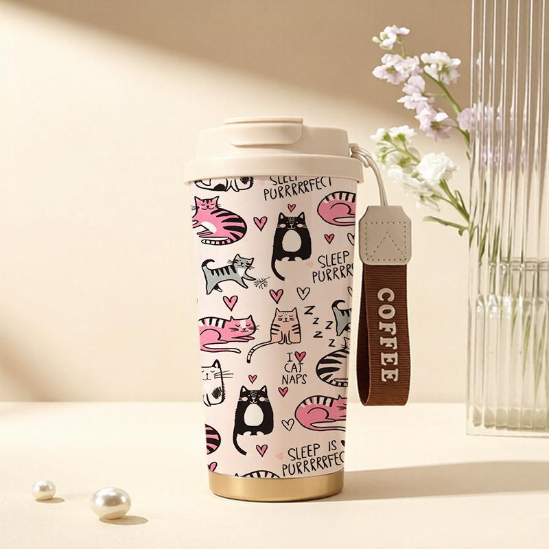 532ml Coffee Mug Sleeping Cat & Heart Elements Lanyard Insulated Cup Gift Cup Handheld Cup Lightweight Cup Leakproof Coffee Cup