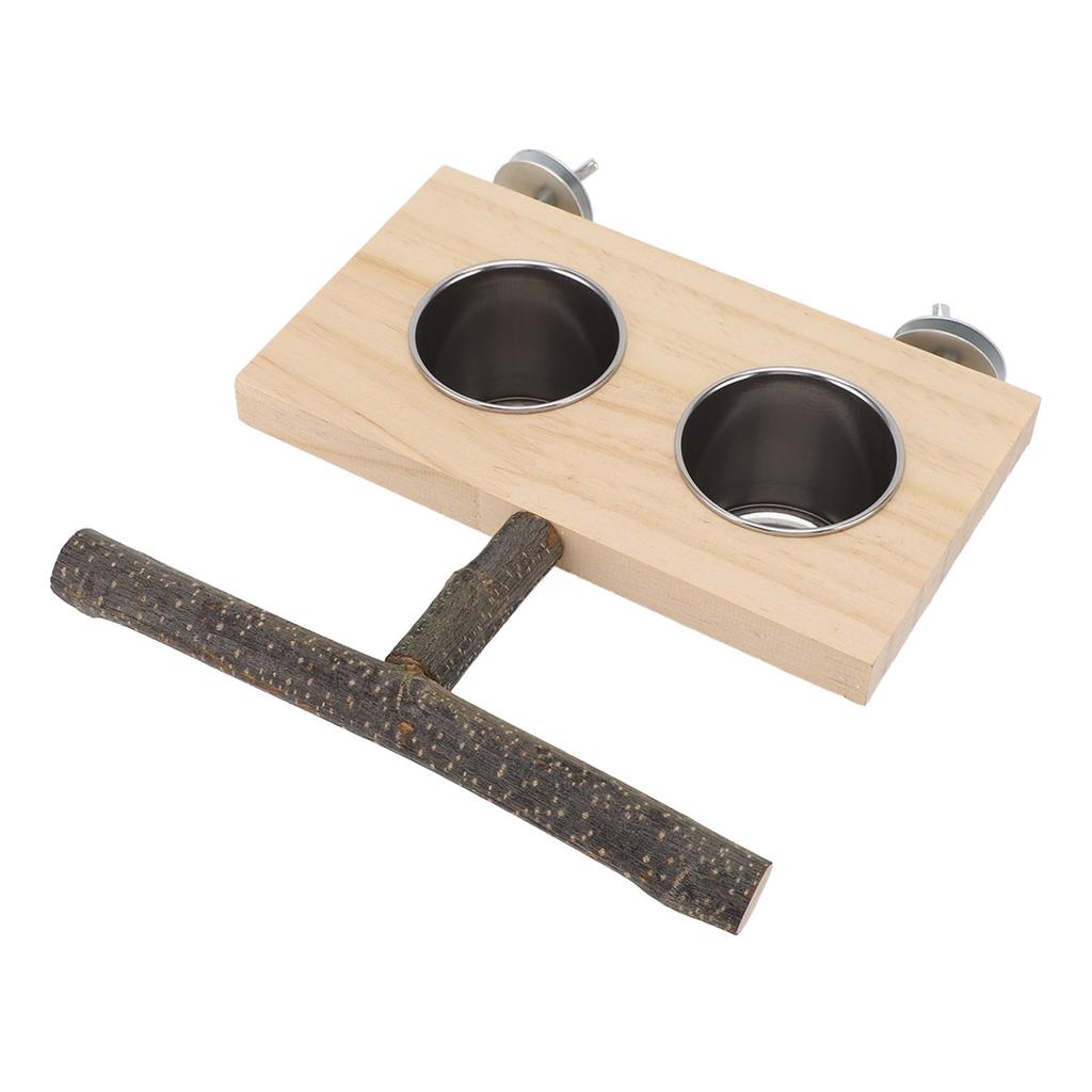 Bird Cage Feeder with Perch Stand Stainless Steel Food Cup Bird Wooden Feeding Bowl for Parakeets Cockatiels