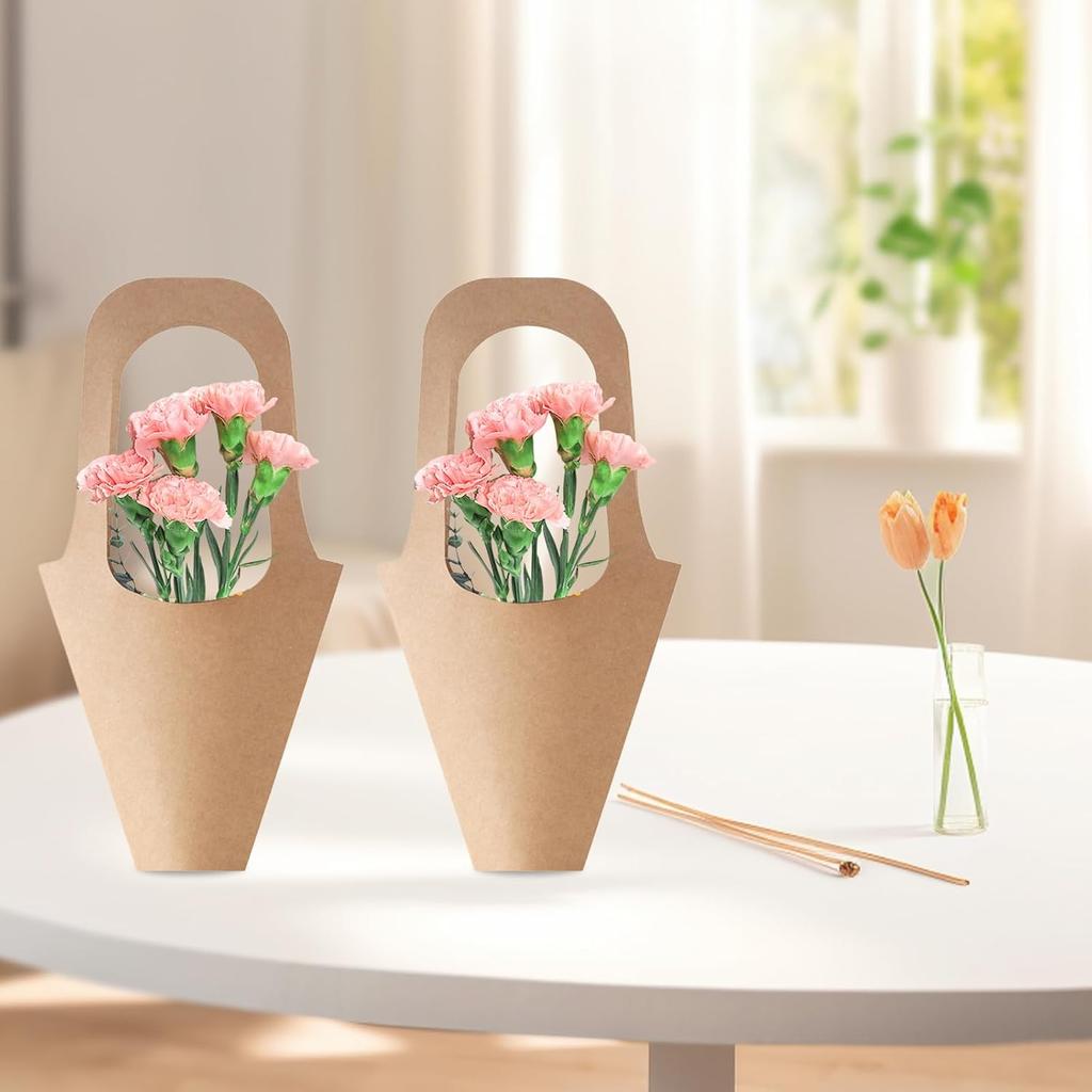 Merkaunis 50 Pcs Flower Bouquet Bags with Handle, Kraft Paper Flowers Gift Bags, Paper Brown Creative Cone Flower Sleeves, Hanging Kraft Paper