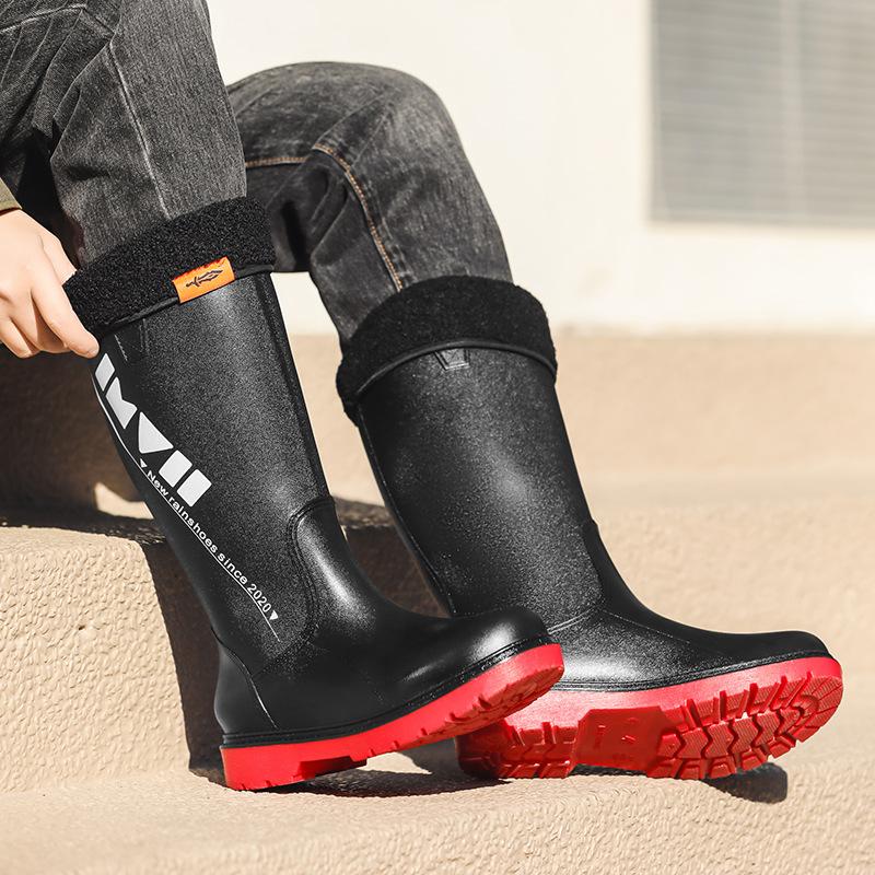 New high tube rain shoes women's water shoes fashion rain boots outdoor rubber shoes fleece thickened non-slip water boots