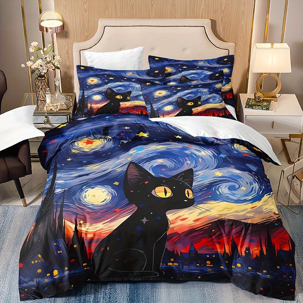

Charming Black Cat Van Gogh-Inspired 3Pcs Duvet Cover Set - Soft Breathable Cozy Bedding With Cute Kitten Prints For All Seasons Duvet Cover Set&EU Single(135x200cm)