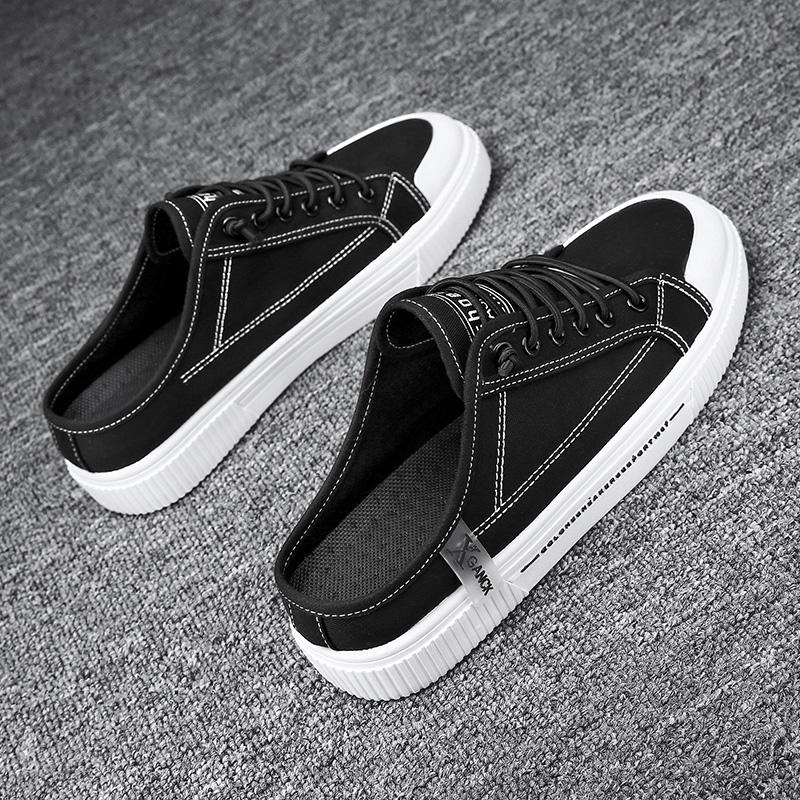 2025 New Fashionable Black Canvas Shoes Classic Versatile Flat Half Slippers Comfortable and Breathable Sneakers for Lazy Men