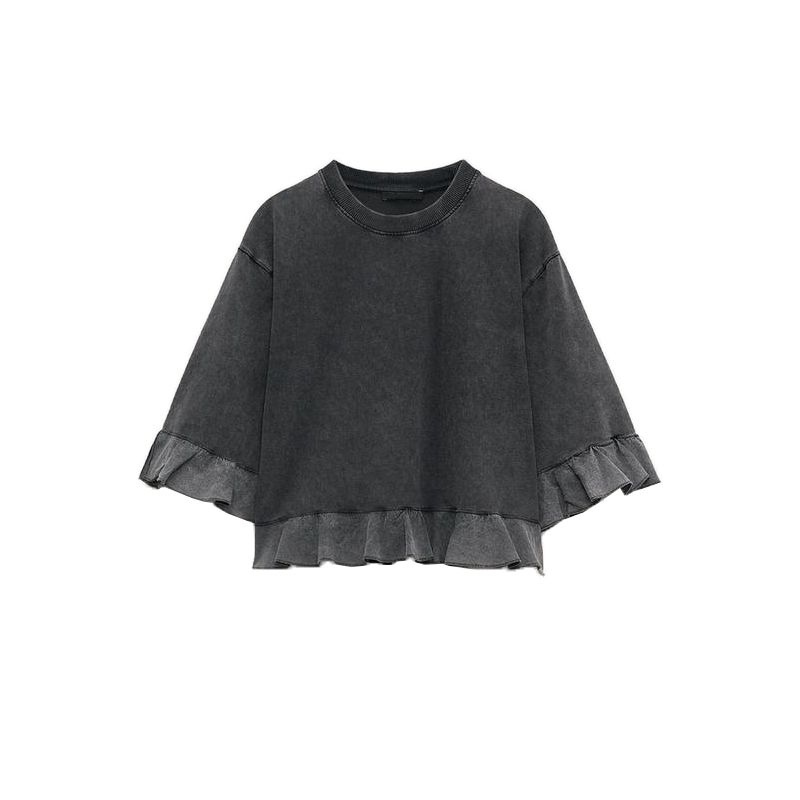 Spring and Summer New Arrival Women's Clothing round Neck Shirt with Half Sleeve Cotton Loose Laminated Decoration Patchwork T-shirt 0085301