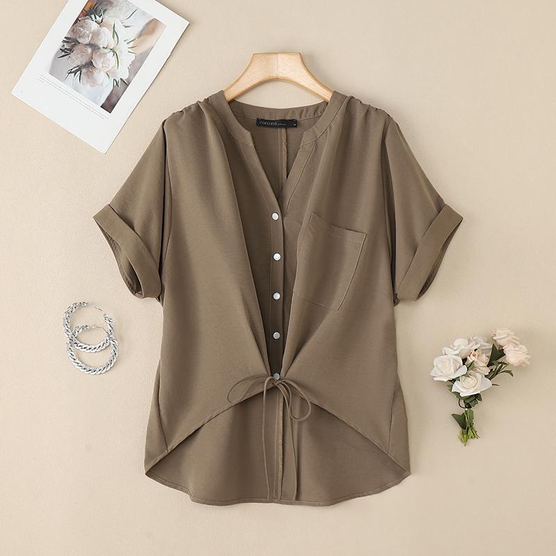 

ZANZEA Женская повседневная блузка с V-образным вырезом, однотонная, свободного кроя, с коротким рукавом L хаки