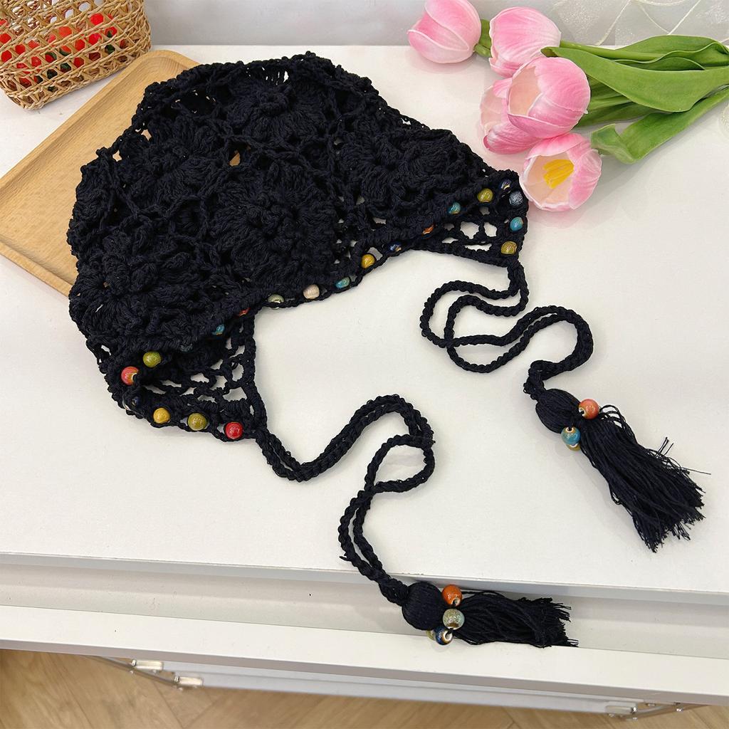 Women's Spring and Summer Retro Ethnic Style Hat Bohemian Flowers Tassel Bag Head Hat Hand Woven Hollow Bag Head Hat