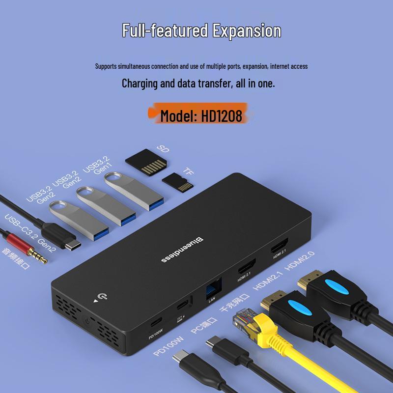 8K 30Hz Type-C Docking Station with Multi-Screen Display, HDMI 2.1/DP 1.4, Laptop Expansion Dock & USB Splitter