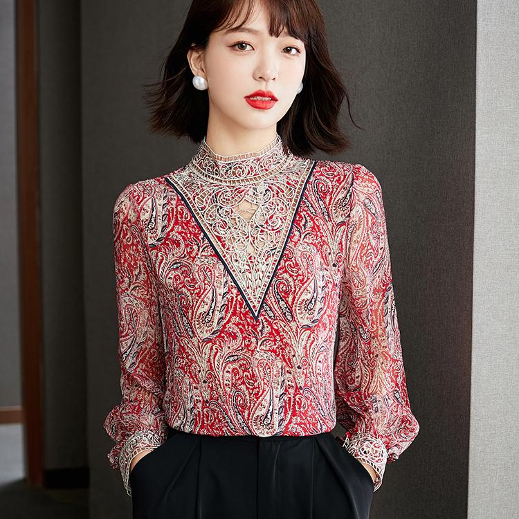 Cămașă și bluză din dantelă cu mânecă lungă brodate de toamnă cu guler