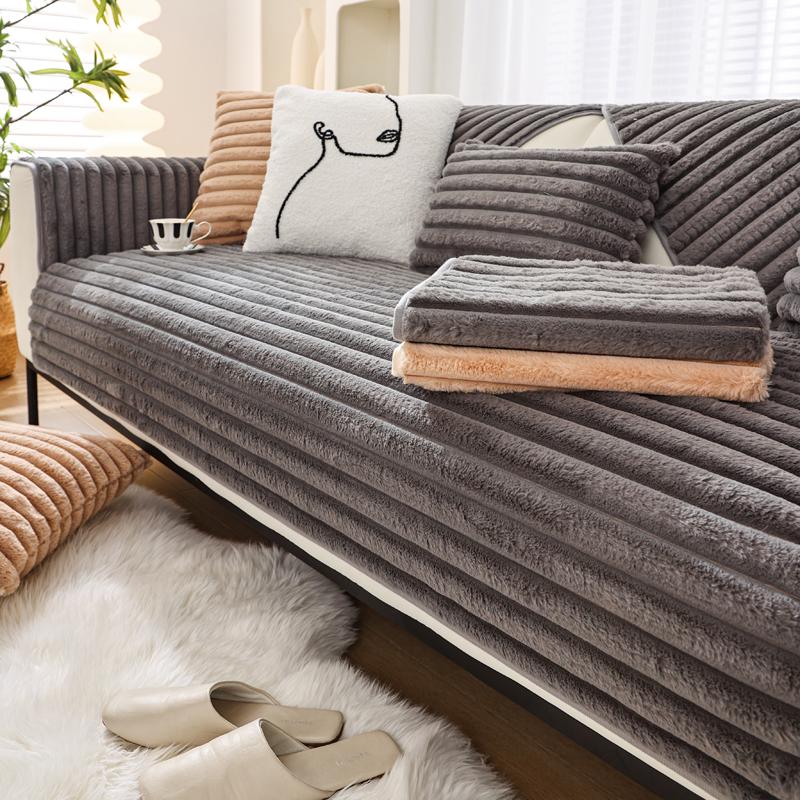 Huse de canapea din pluș de iepure artificial cu dungi pentru canapele anti-alunecare 1 2 3 4 scaun în formă de L îngroșată ultra-moale huse de canapea fotoliu