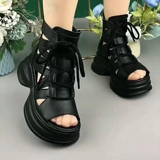 Sandals women's soft thick-soled hollow cool boots lace-up new breathable high-top light Roman sandals