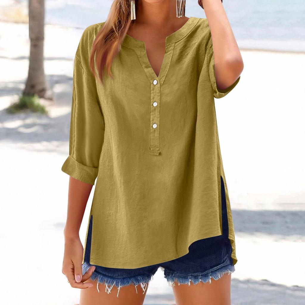 Women's Casual V-Neck Button Down Shirt Solid Color Long Sleeve Hem Split Cotton Blouse