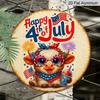 2D Flat, 1pc Round "Happy 4th of July" Highland Cow Aluminum Hanging Sign, Cute Patriotic USA Flag Firework Design, Vintage Metal Wall Decor, Perfect