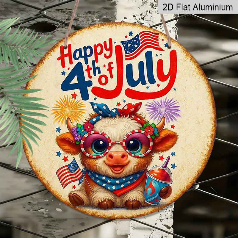 2D Flat, 1pc Round "Happy 4th of July" Highland Cow Aluminum Hanging Sign, Cute Patriotic USA Flag Firework Design, Vintage Metal Wall Decor, Perfect