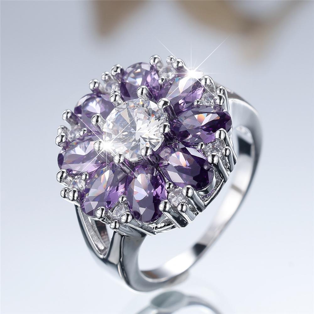 Cute Female Purple Zircon Stone Flower Ring Silver Color Engagement Charm Wedding Jewelry For Women