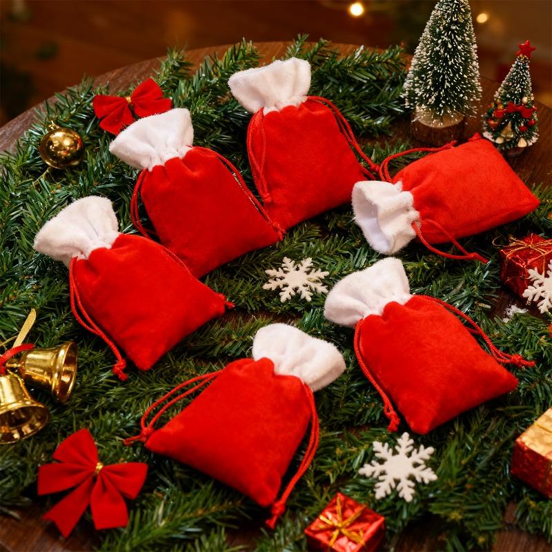 20/1Pcs Christmas Red Velvet Bags Candy Snack Gifts Drawstring Pouch Bag Jewelry Packaging Bags Christmas New Year Decorations