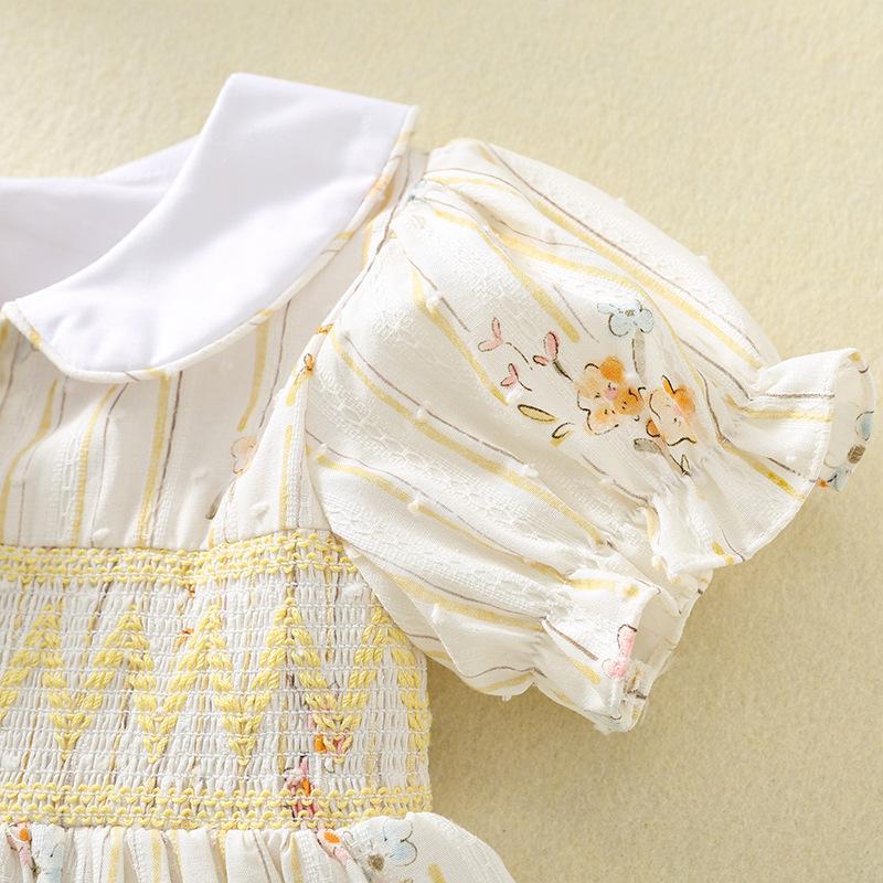 Summer Girls Cotton Dress Sweet Puff Sleeve Smocked Princess Dress Breathable Kids Party Gown For Little Girls