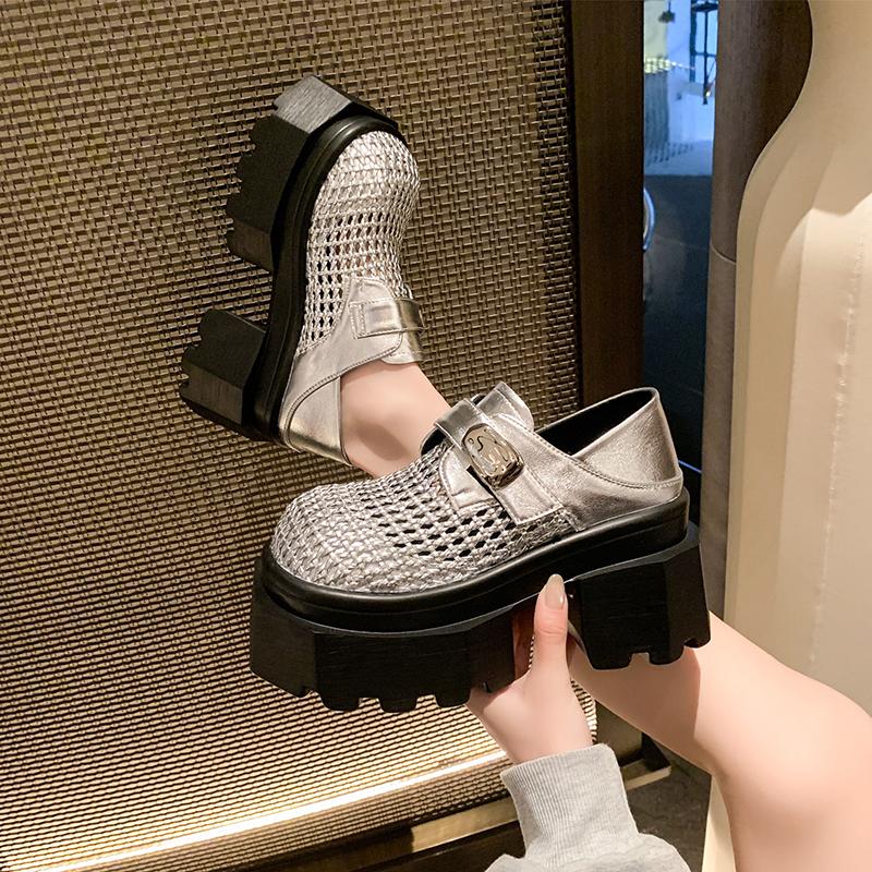Fashion 8.5CM New Synthetic Leather High-heeled Platform Wedge Sandals Women Summer Weaving Breathable High Heels Chunky Sneakers Woman