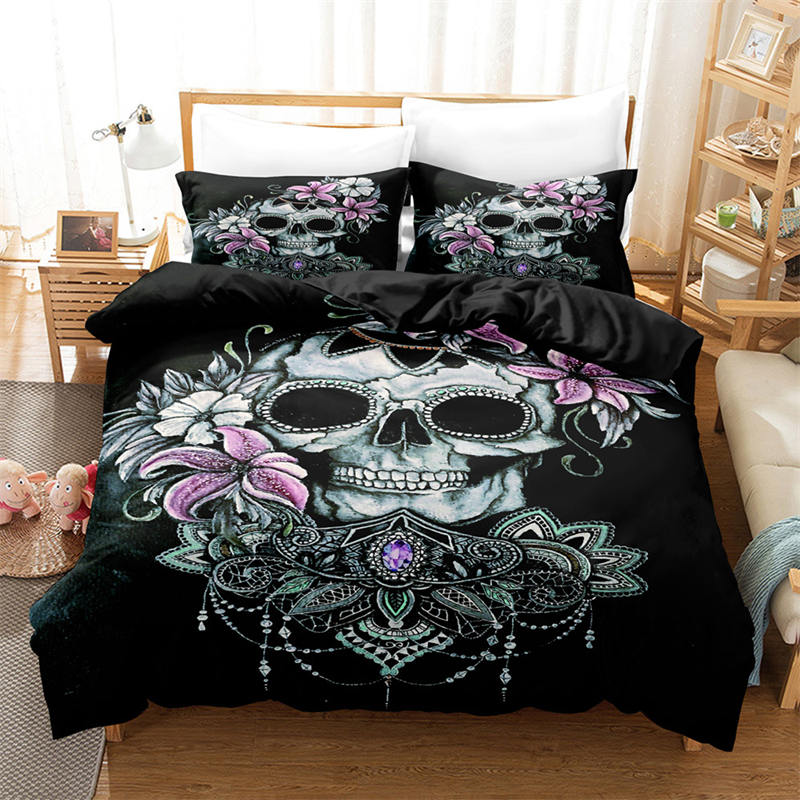 Gothic Skull Duvet Cover Sugar Skull Bedding Set Horror Theme Comforter Full Twin King For Boys Teens Adults Bedroom Decor