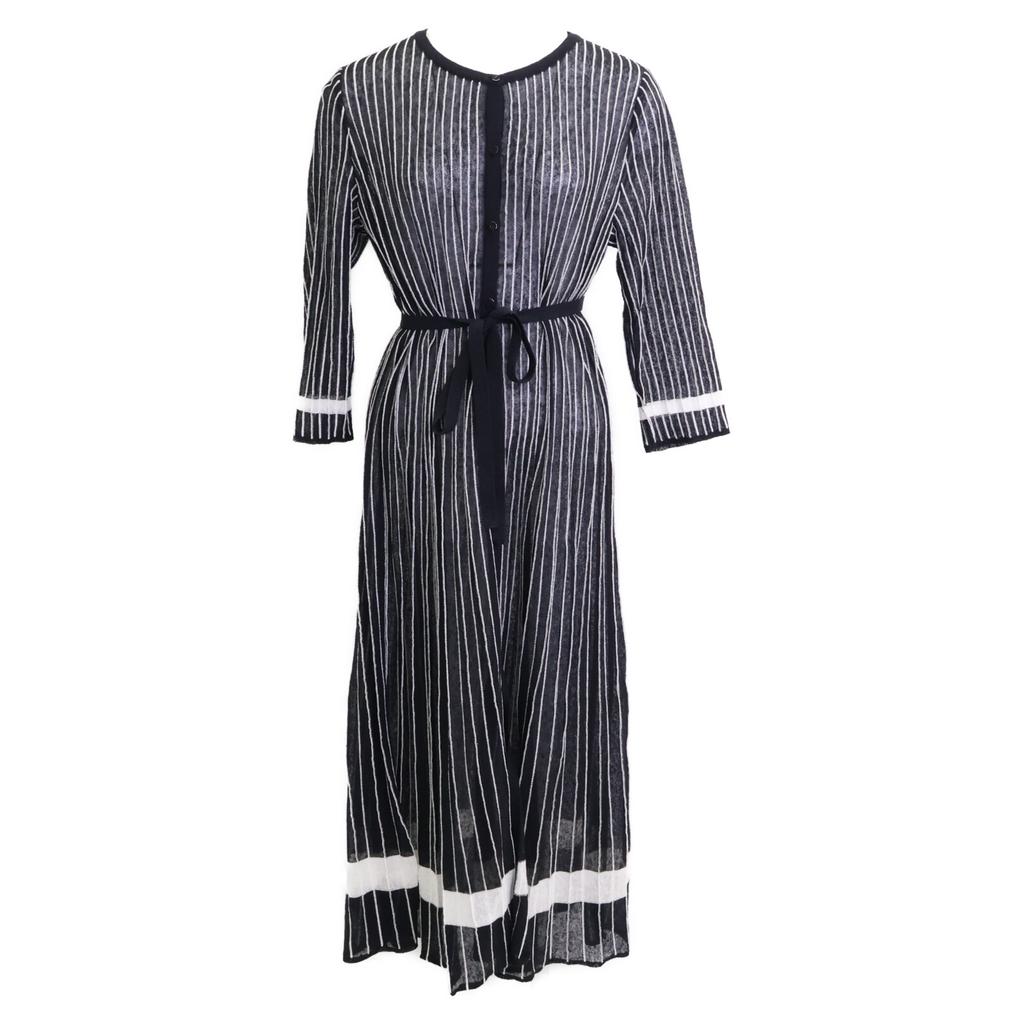 ANAYI White X Navy Striped Waist Ribbon Long Sleeve Dress Dress 38 Black White StripesUsed