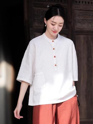 Retro Chinese Style Frog Button Stand Collar Top - Women's 2025 Cotton Linen Short Sleeve Shirt