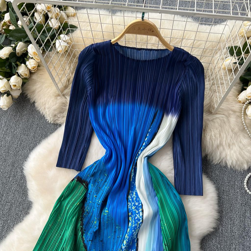 Summer Women Designer Print Gradient Color Runway Dresses Long Maxi Oversized Loose Pleated Party Robe