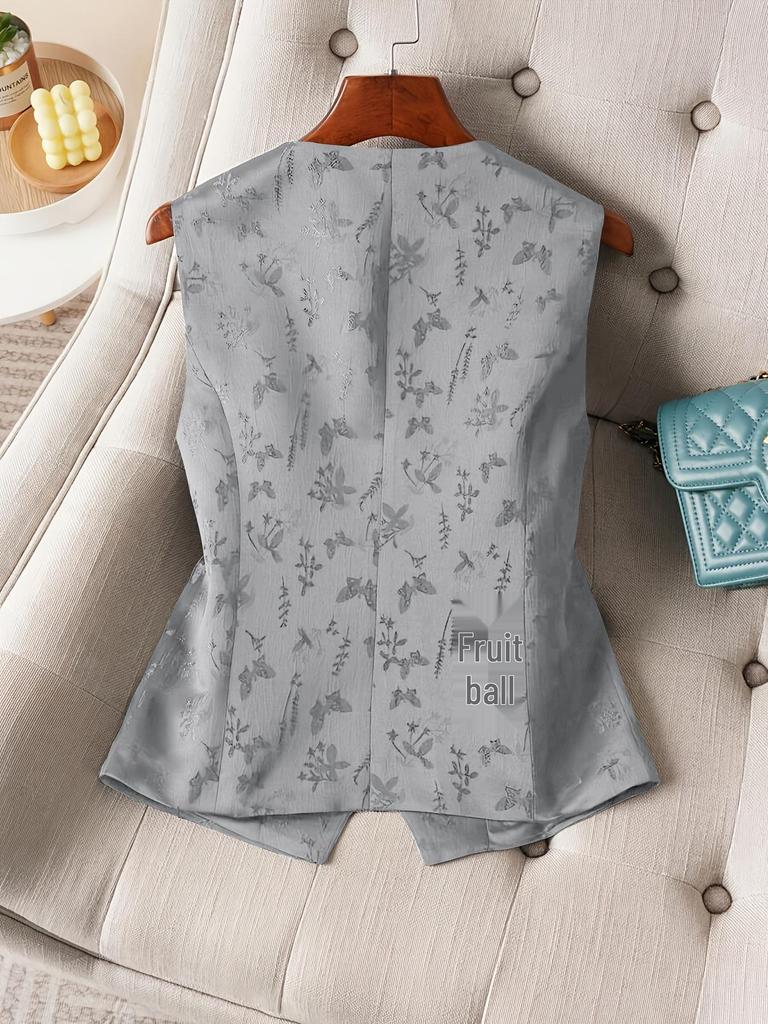 2026 Frühling/Sommer Damen Elegante Florale Jacquard-Weste mit V-Ausschnitt - Große Größen, Einreihige Jacke