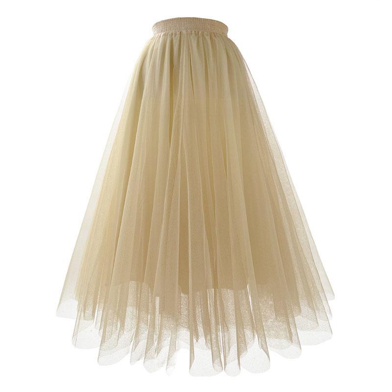 Autumn Winter Green Floor-Length Tulle Skirt Women Casual Long Maxi Skirt High Waist Pleated Skirt Female Mesh Party Skirt White