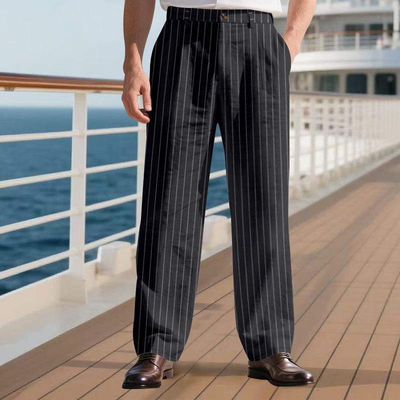 Men's Linen-Blend Relaxed Fit Breathable Casual Trousers with Vertical Stripes and Straight Leg Design