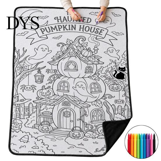 Útulná deka na pohovku s fixami Halloween DIY omalovánka 24 fixů, Obarvěte si vlastní přehoz DIY pro dospělé, Vzory duchů a dýní, Omyvatelná