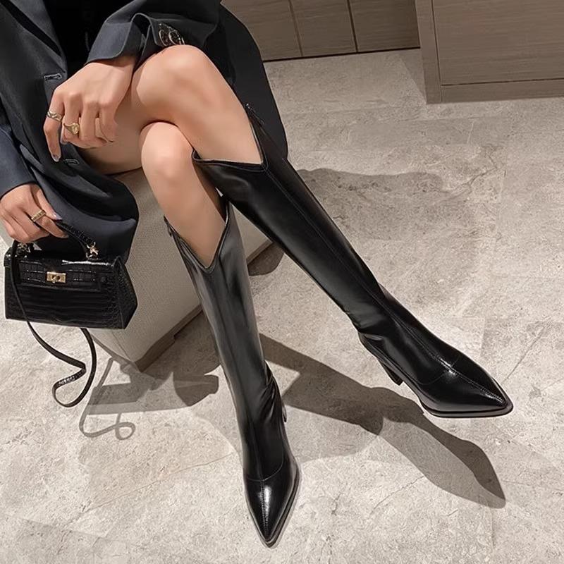 2025 Herbst V-Ausschnitt spitze Zehen hohe Absätze dicke Beine großer Schaftumfang Samtstiefel hohe Stiefel Ritterstiefel weiße Stiefel