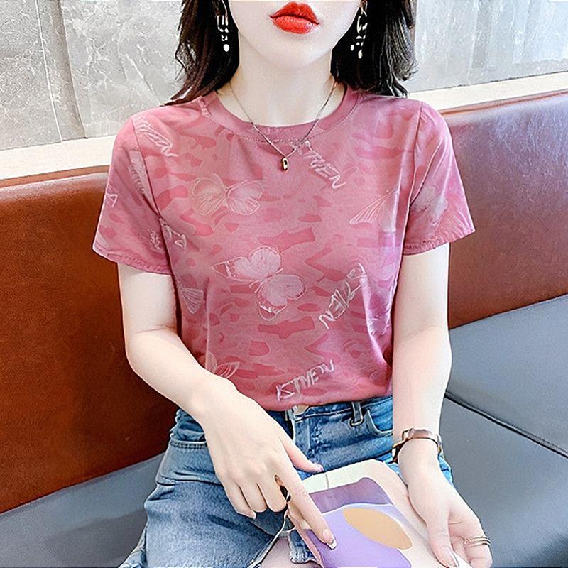 Summer loose front shoulder short-sleeved t-shirt women, new t-shirt foreign style fashion versatile women on clothes ins tide