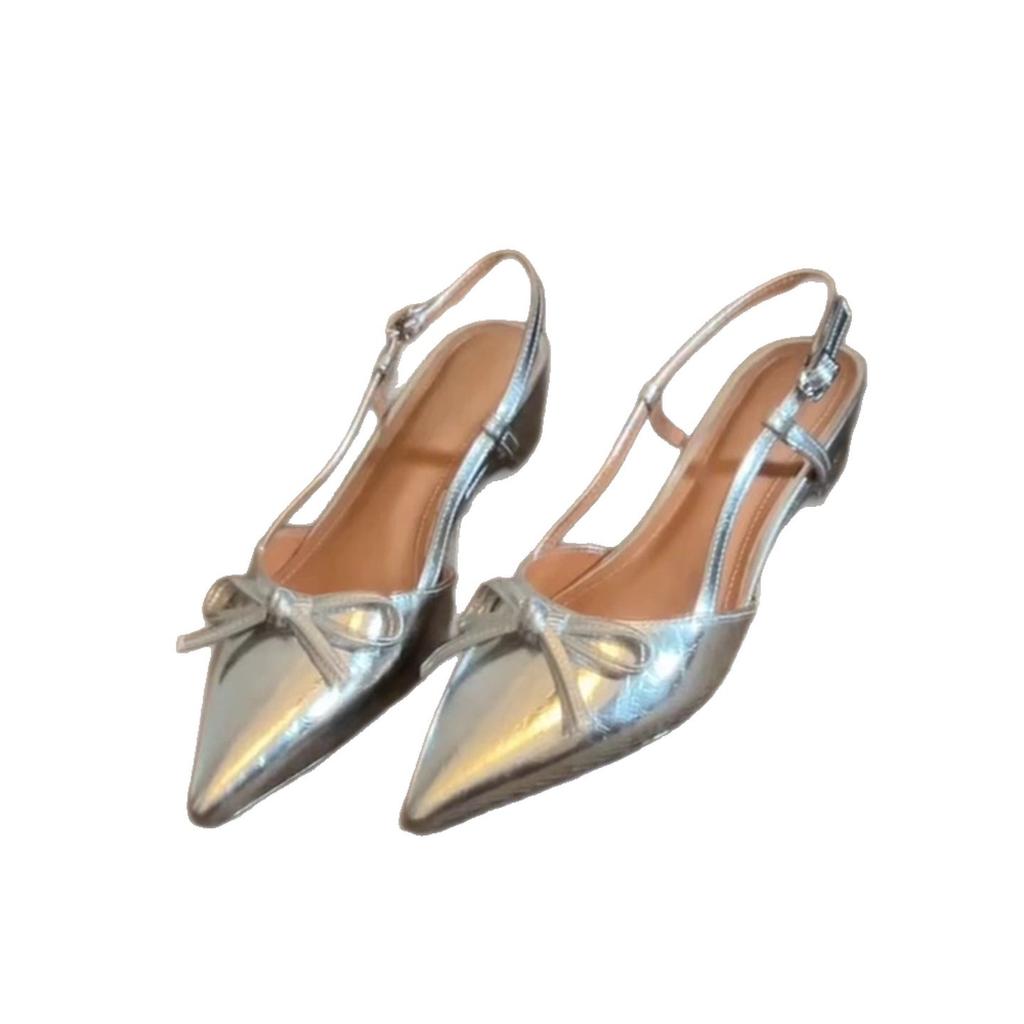 Pointed French bow one-word buckle with bag head sandals women's rear empty light mouth versatile thick heel single shoes