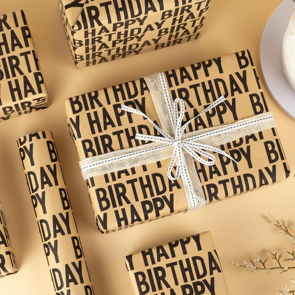 1roll Happy Birthday Gift Wrapping Paper, Vintage Striped Kraft Paper, High-Quality DIY Party Decoration, New Year Decoration