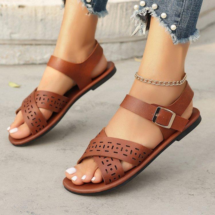 

Large size one-word buckle sandals women s 2025 spring and summer new flat-heeled rubber one-word buckle open-toed sandals 36 темно-коричневого кольору