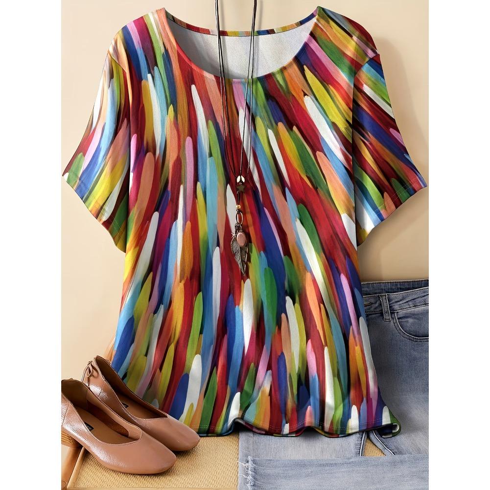Plus Size Casual Crew Neck Short Sleeve Stripe Print T-Shirt - Soft Stretch Polyester Fabric Spring and Summer Womens Relaxed Fit Clothing