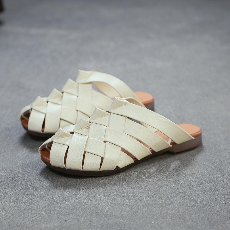 Johnature Genuine Leather Woven Breathable Peep Toe Flat Slippers Casual And Versatile Women's Slip-on Shoes