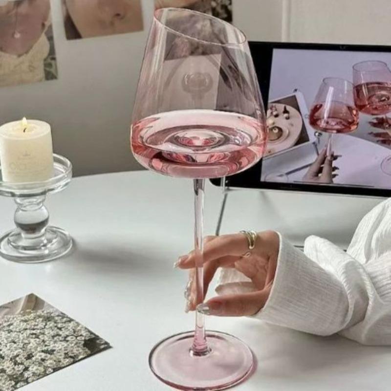 Pink High-end Red Wine Glass, Household Light Luxury Ins-style Wine Glasses, Champagne Glassware, Diagonal Crystal High Barware