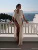 EDOLYNSA Elegant Women's Celebrity Temperament Sexy Deep V Knit Plaited Rope Summer Party Maxi Dress Tunic Beachwear Swimsuit Cover Up A2848