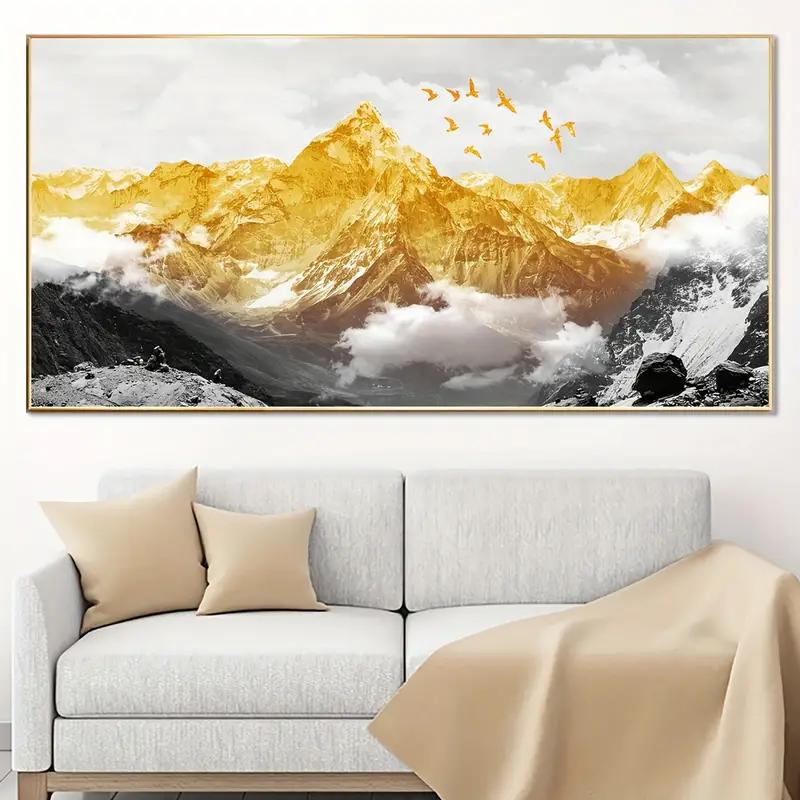 Unframed Canvas Poster, Modern Art, Golden Mountains And Birds In The Mountains Wall Art, Ideal Gift For Bedroom Living Room