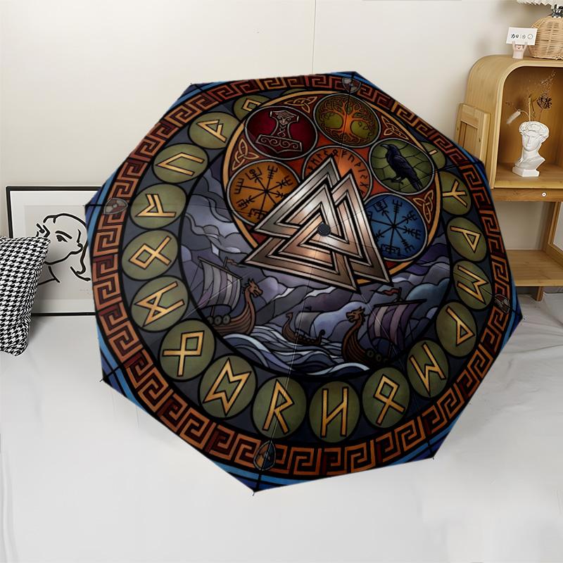 Norse Symbolism pattern umbrella, portable and foldable design, 8 ribs, a casual accessory for Halloween, Christmas, and birthday gifts.