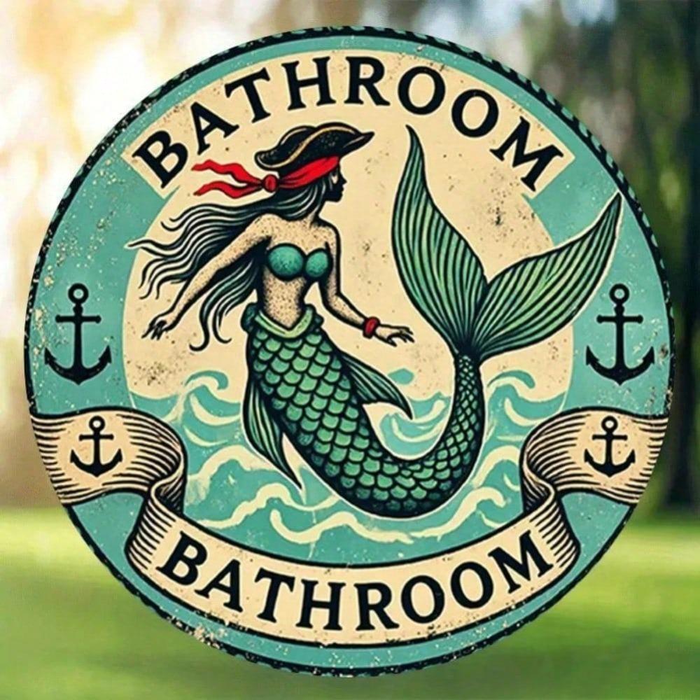 Vintage Metal Sign Nautical Bathroom Wall Art Anchor and Waves Decor