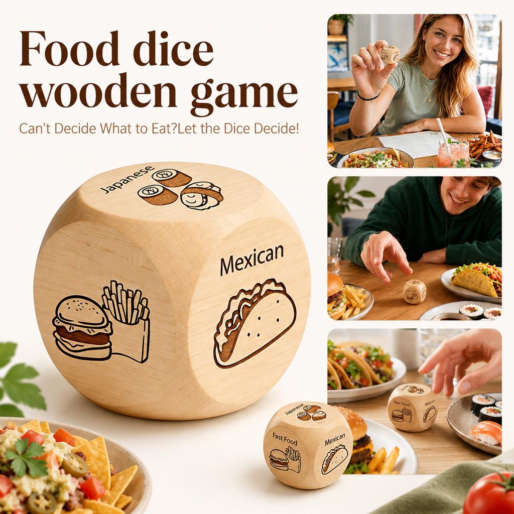 Wooden Food Decision Dice for Meal Choices Fun Eating Game Tool with Various Cuisine Options Japanese Mexican Burger Fries and More