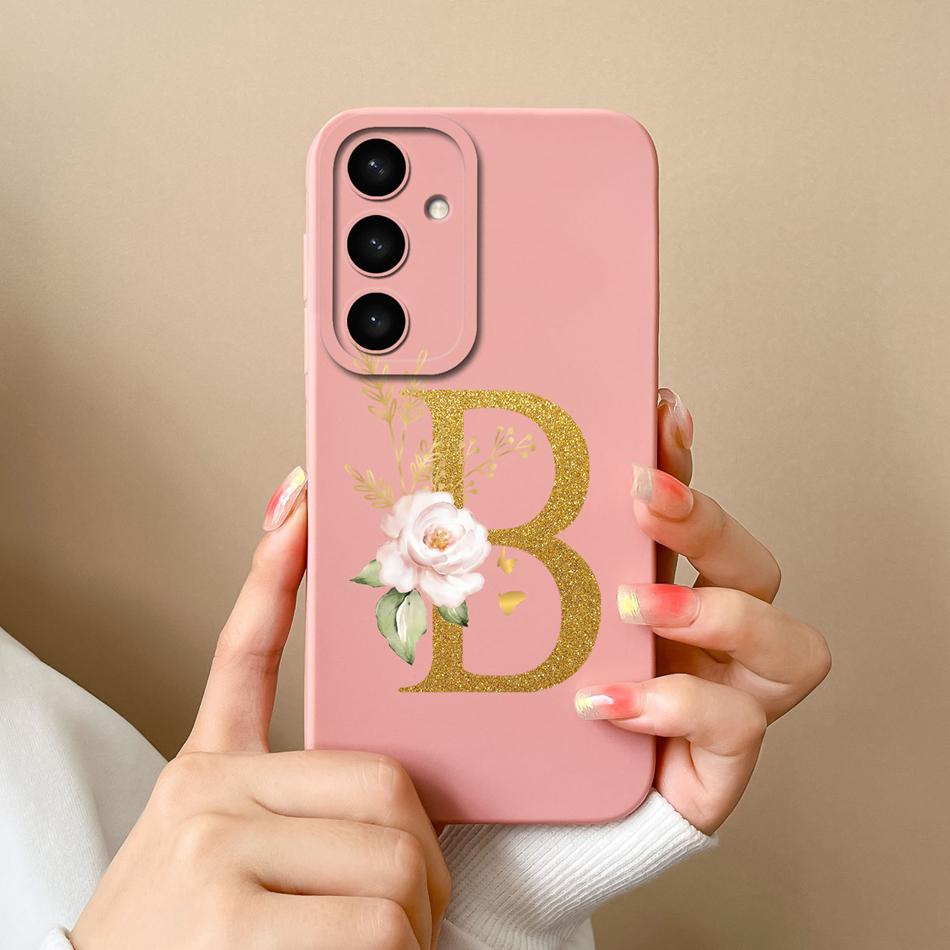 Simple Case For Samsung S24 FE Name Letter Soft Slim Liquid Silicone Funda For Galaxy S 24 S24FE Lens Protective Back Cover Capa