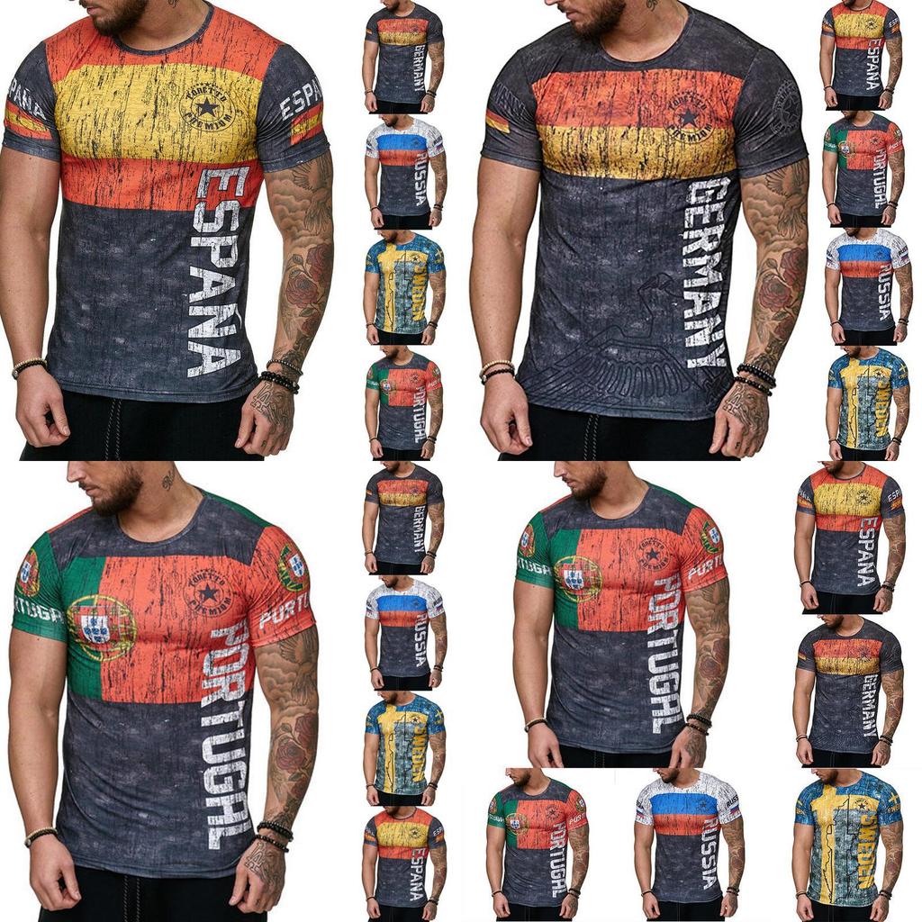 Men's Letter Print Gym T-shirt With Germany Sweden Portugal Russia Design Slim Fit