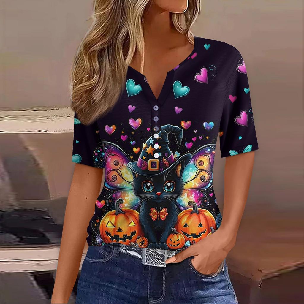 Dames T-skjorte Tee Halloween Trykket Knapp Kortermet Tunika Daglig Helgemote Basic V-hals Vanlig Topp
