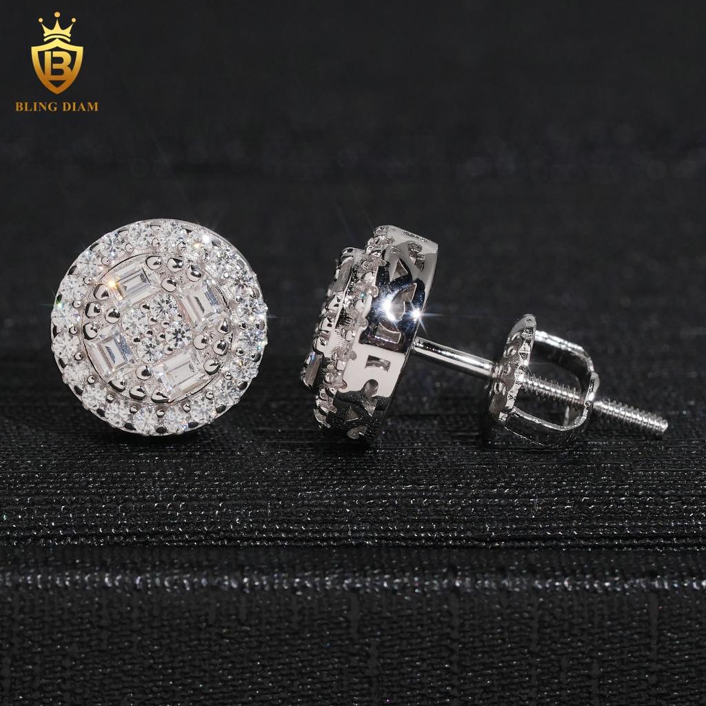 In Stock 925 Silver Round Shape Earrings Moissanite Stud Earrings Baguette Cut D VVS Moissanite Jewelry Earrings Women Men
