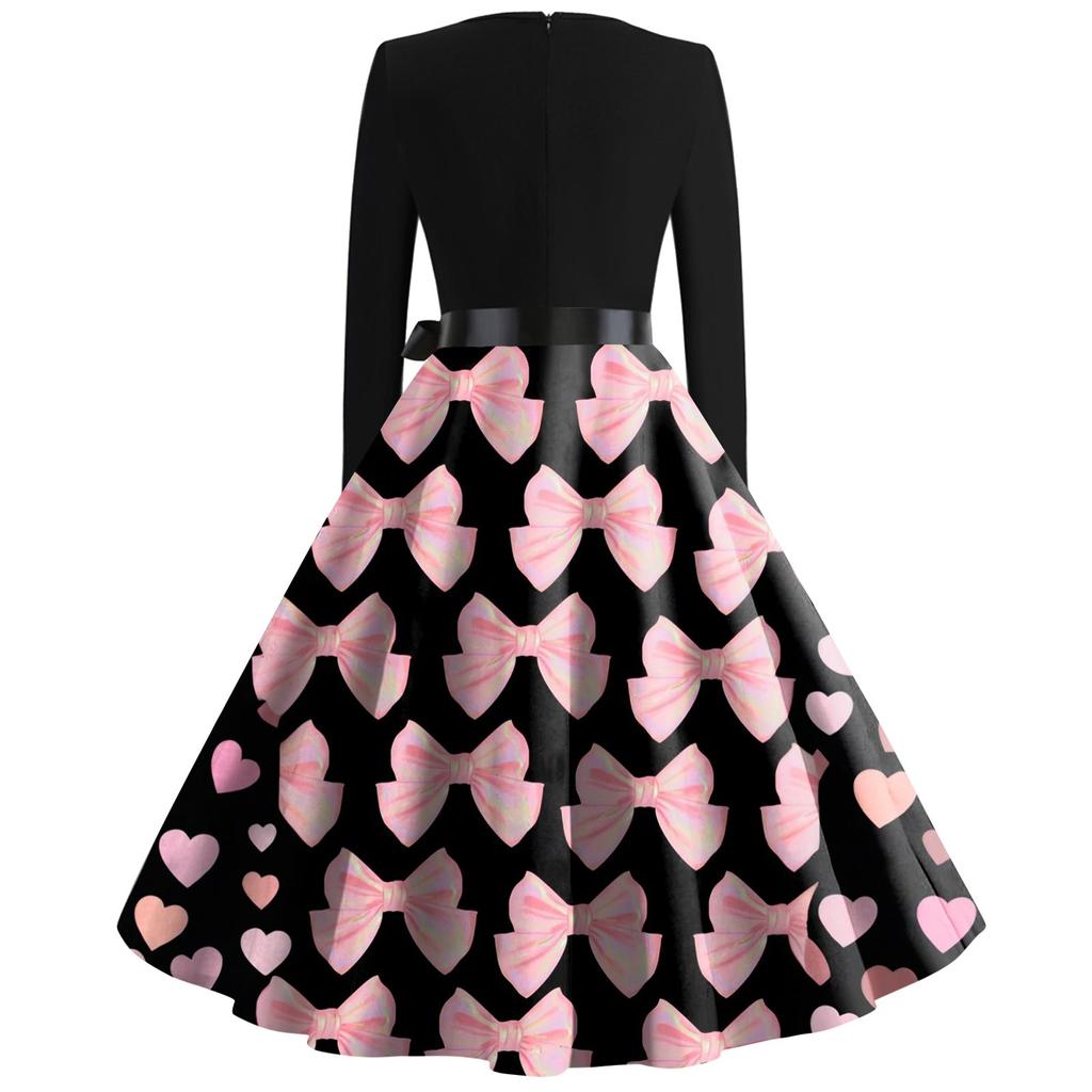 Damen Bedruckter Rundhalsausschnitt Großer Saum Rock Faltenrock Langärmeliges Kleid