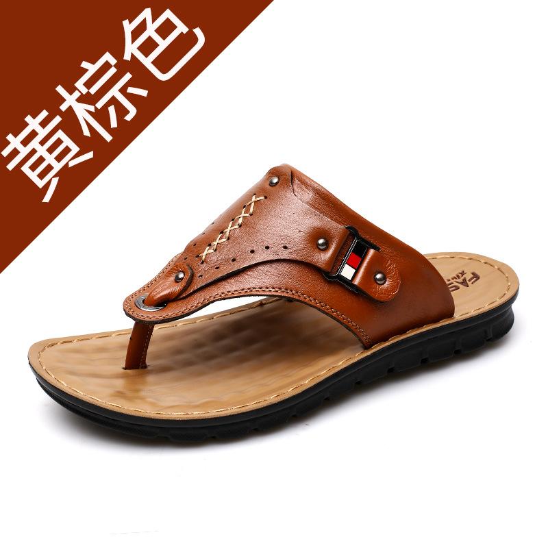 Men Summer New Casual Leather Slippers Clip Toe Beach Shoes Cowhide Sandals Soft Sole Fashion Breathable Waterproof Non-slip