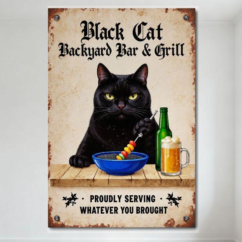 

Vintage Black Cat Backyard Bar & Grill Metal Sign Rustic Wall Decor with Food Skewer Beer Bowl Design for Home Bar Pub Cafe 8x12 20x30cm（7.8x11.8inch）
